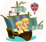 船に乗って探検している子供たちの画像