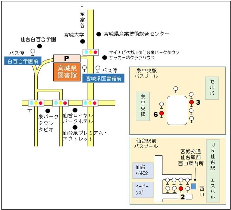 図書館近くのバス停が記載された地図のイラスト